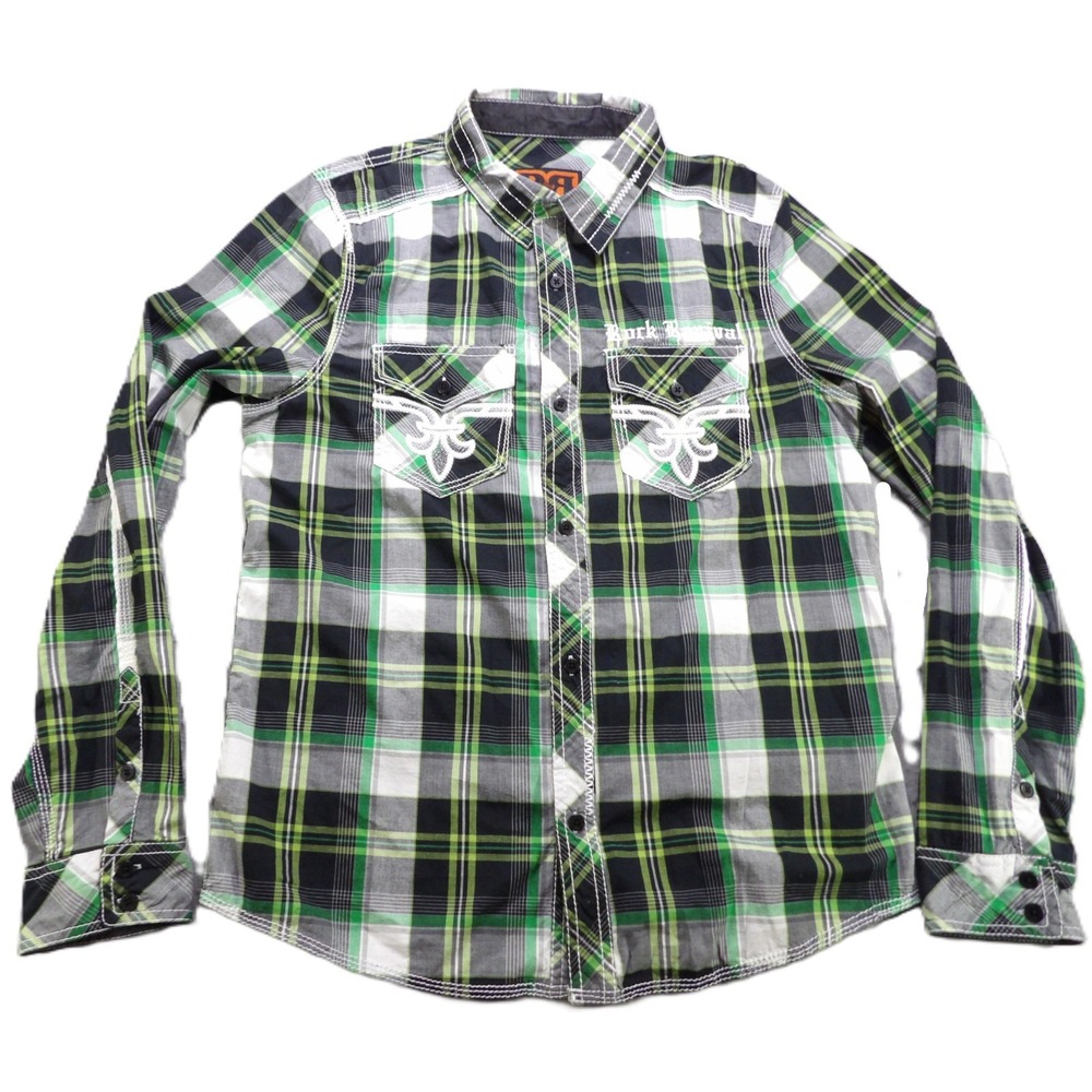 Rock Revival Shirt Men Medium M Green Plaid Long Sleeve Button Embroidered Logo